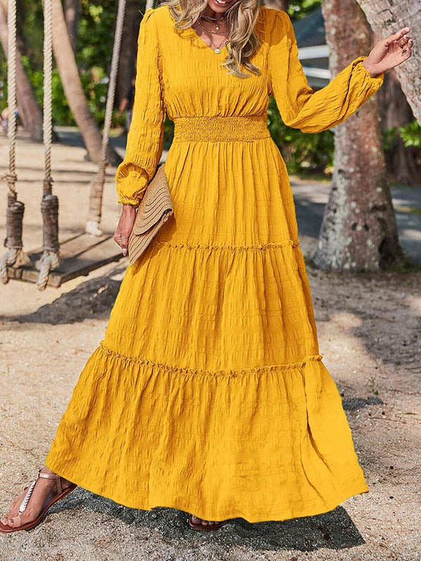 A-Line Long Sleeves Elasticity Solid Color Split-Joint V-Neck Maxi Dresses