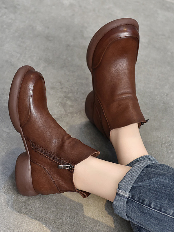 Round-Toe Solid Color Zipper Boots