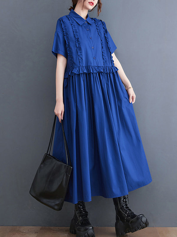 Simple Short Sleeves Loose Buttoned Falbala Split-Joint Solid Color Midi Shirt Dress