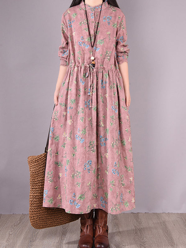 Vintage Floral Printed Ramie Cotton Loose Midi Dress