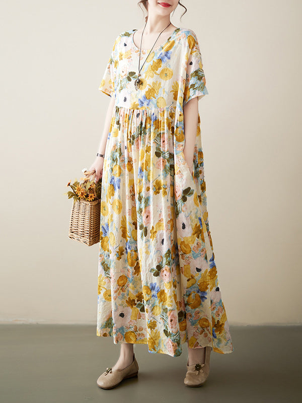 A-Line Loose Floral Printed Round-Neck Midi Dresses