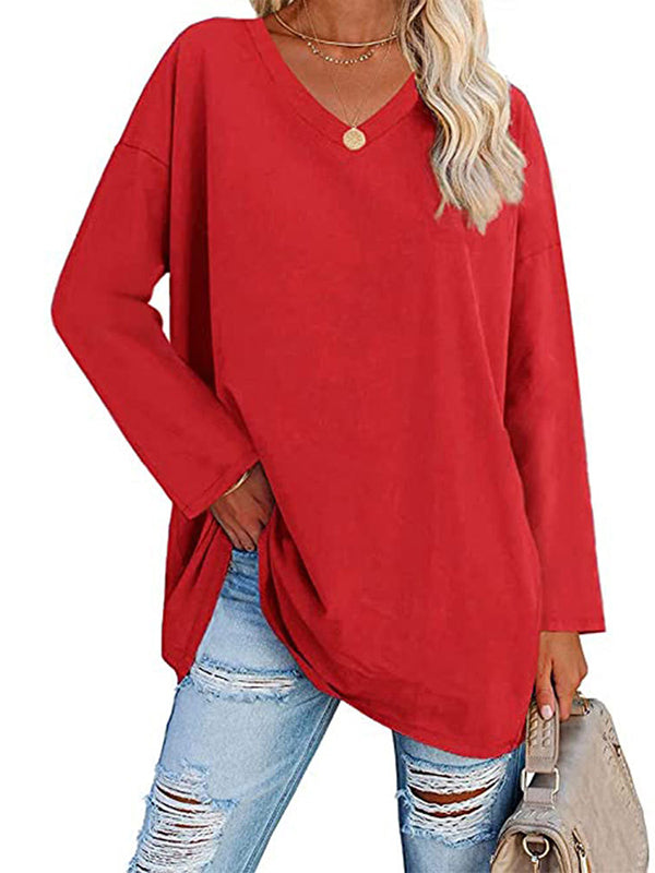 Long Sleeves Loose See-Through Solid Color Split-Joint V-Neck T-Shirts