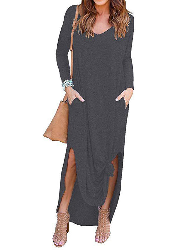 Long Sleeves Loose Solid Color Split-Side V-Neck Maxi Dresses