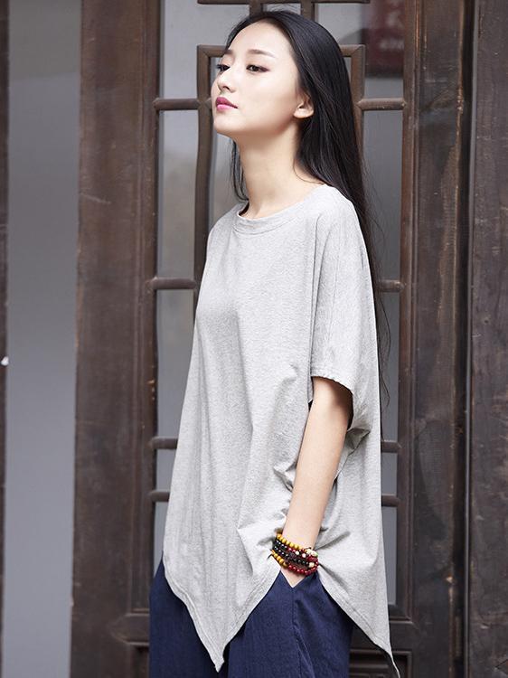 Asymmetric Batwing-sleeves Ramie Cotton Tops