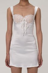 Feminine Lace Trim Sweetheart Tie Front Satin Mini Sundress - White