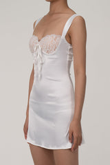 Feminine Lace Trim Sweetheart Tie Front Satin Mini Sundress - White