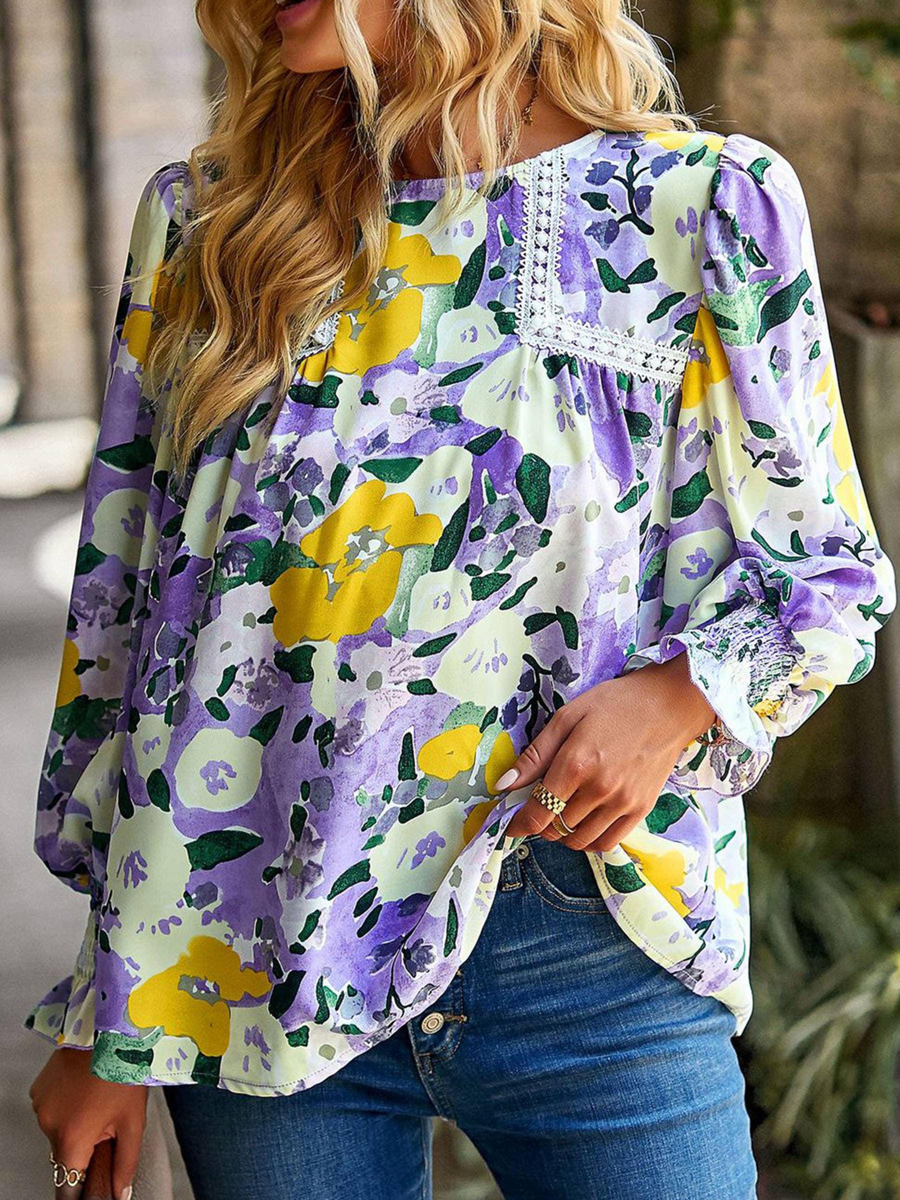 Women's Floral Print Flounce Long Sleeve Blouses