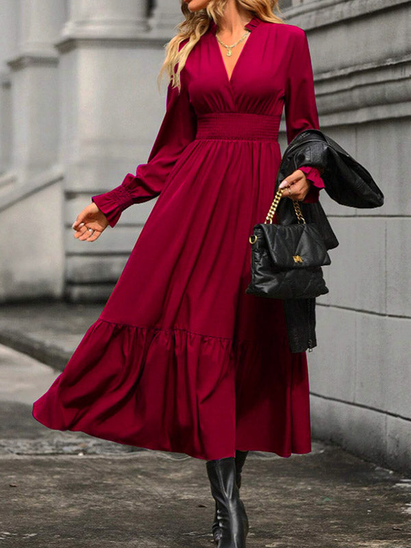 A-Line Flared Sleeves Elasticity Pleated Solid Color V-Neck Midi Dresses