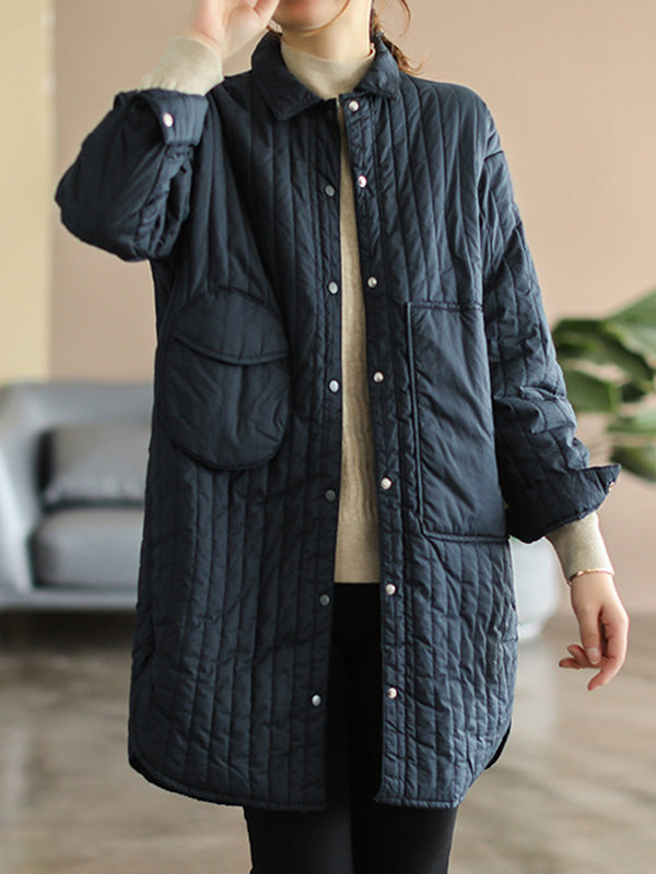 Long Sleeves Loose Asymmetric Buttoned Pockets Quilted Solid Color Split-Side Lapel Padded Coat