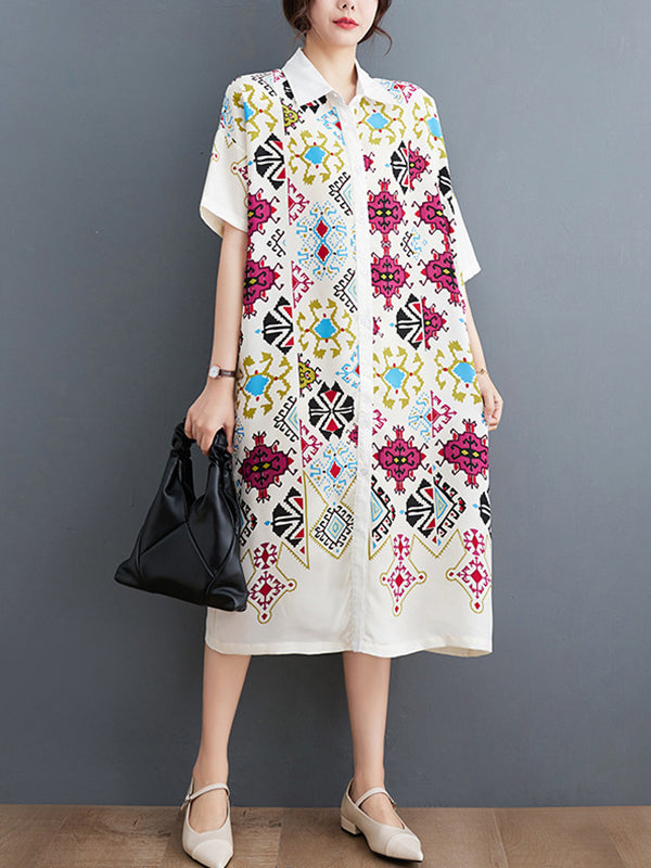 Loose Short Sleeves Ethnic Printed Lapel Midi Dresses