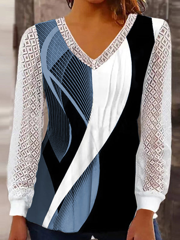 Long Sleeves Loose Printed See-Through Split-Joint V-neck T-Shirts Tops