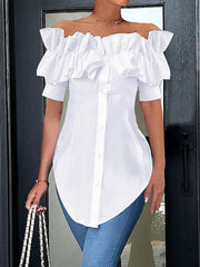 Short Sleeves Buttoned Ruffled Solid Color Off-the-shoulder Blouses&shirts Tops