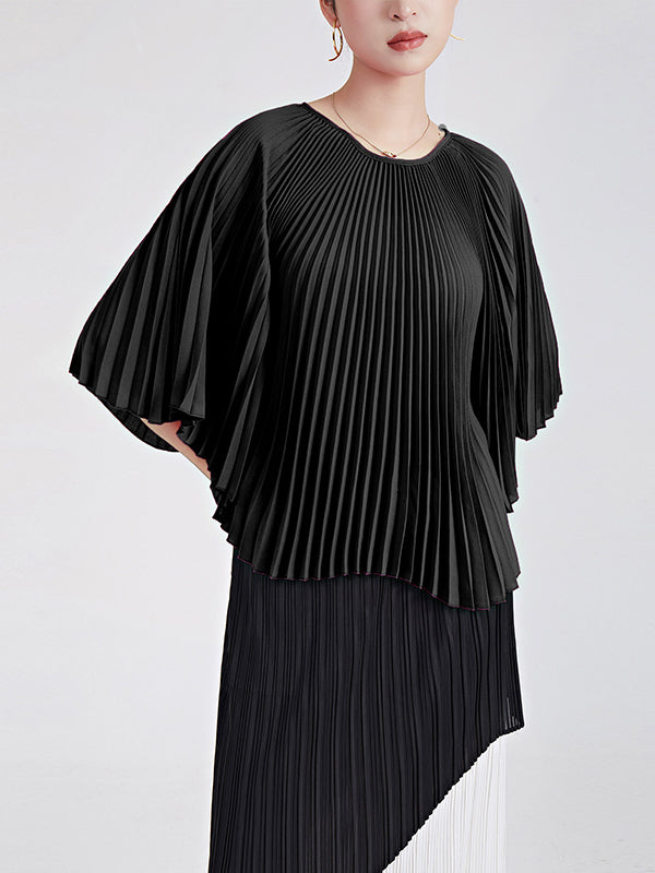 Batwing Sleeves Loose Pleated Solid Color Round-Neck T-Shirts Tops