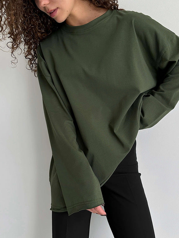 Long Sleeves Loose Solid Color Round-Neck T-Shirts Tops