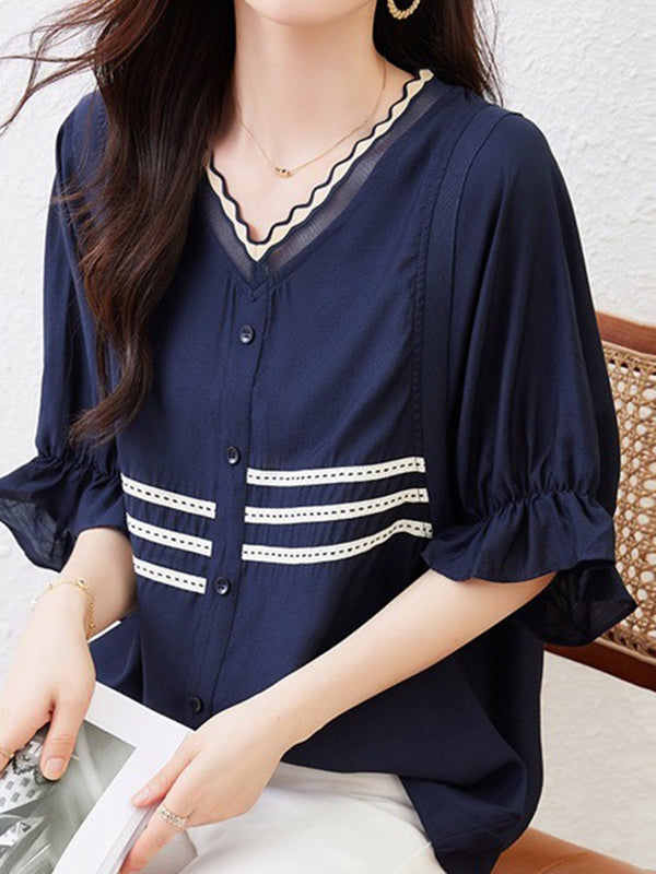 Flared Sleeves Half Sleeves Asymmetric Buttoned Pleated Ruffled Striped V-Neck Blouses&Shirts Tops