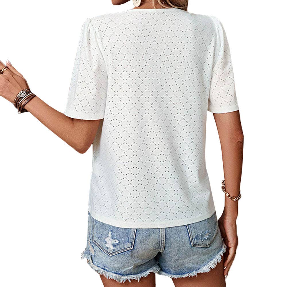 Short Sleeve V-Neck Lace Trim Blouse Top