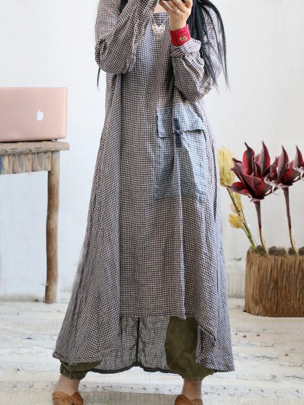 Loose Vintage Linen Plaid Round-neck Long Dress