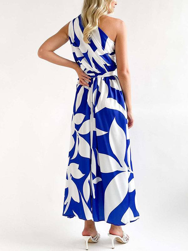 Loose Sleeveless Bandage Contrast Color Hollow Printed One-Shoulder Midi Dresses