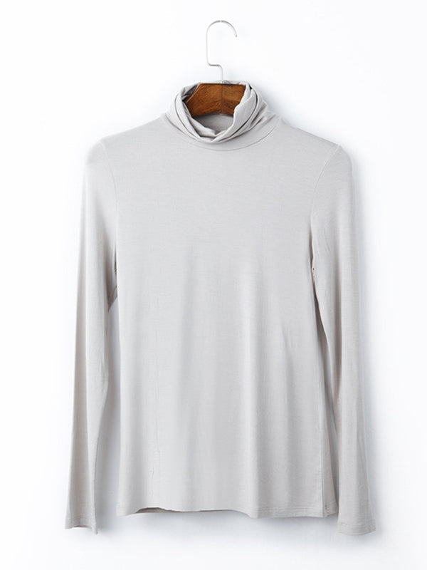 Simple Long Sleeves Skinny Solid Color High-Neck T-Shirts