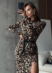 Leopard Print Bodycon Dress with Belted Waist