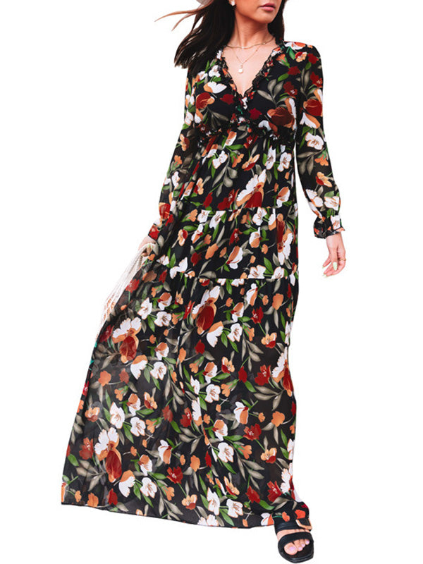 High Waisted Long Sleeves Flower Print Pleated Ruffled V-Neck Maxi Dresses