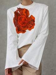 Flared Sleeves Long Sleeves Flower Print Round-neck T-Shirts Tops