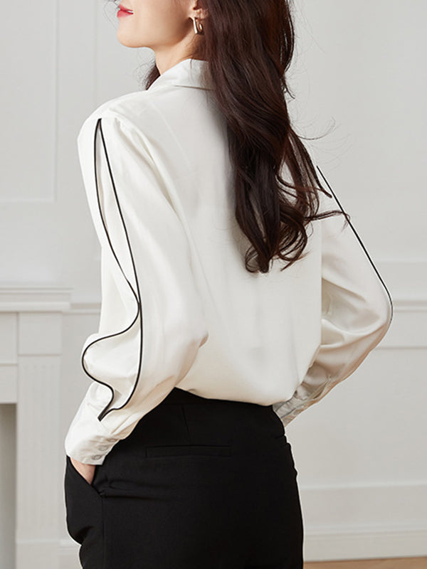 Long Sleeves Loose Buttoned Contrast Color Lapel Blouses&Shirts Tops