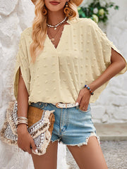 Half Sleeves Loose Jacquard Solid Color V-Neck T-Shirts Tops