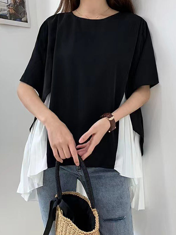 High-Low Loose Pleated Split-Joint Round-Neck T-Shirts Tops