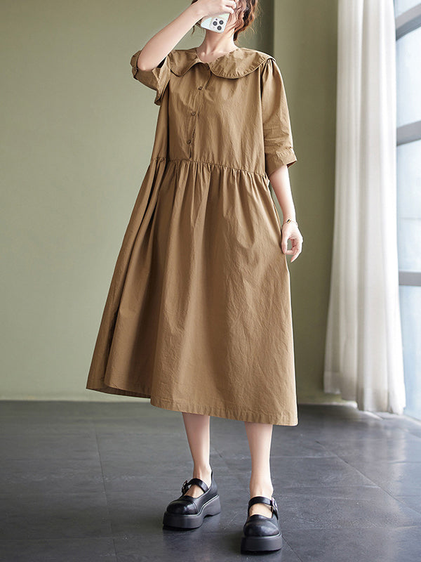 Original Loose Solid Color Buttoned Pleated Midi Dress