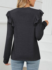 Wood Ear Edge Long Sleeved Round Neck Top T-shirt