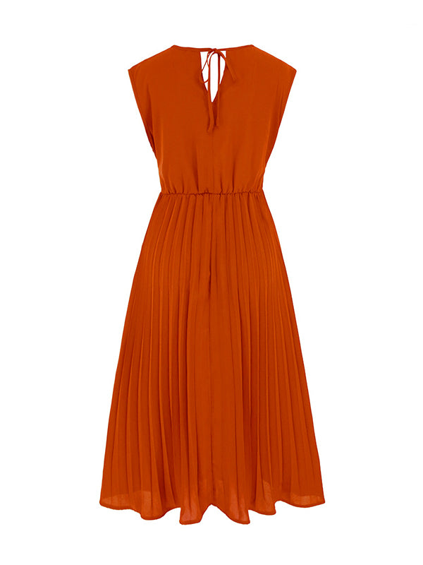 Sleeveless Pleated Solid Color Tied Waist V-Neck Midi Dresses