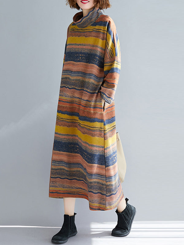 A-Line Long Sleeves Asymmetric Striped High Neck Midi Dresses