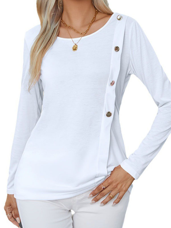 Long Sleeves Loose Asymmetric Buttoned Split-Joint Round-Neck T-Shirts Tops