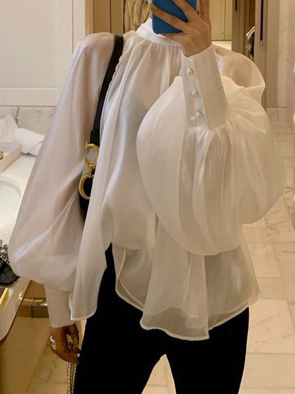 Urban Black&White Puff Sleeves High-Neck Blouse