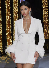 Glam Feather Trim Blazer Dress - Deep V White Tuxedo Style