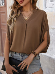 Batwing Sleeves Loose Solid Color Split-Joint V-Neck T-Shirts