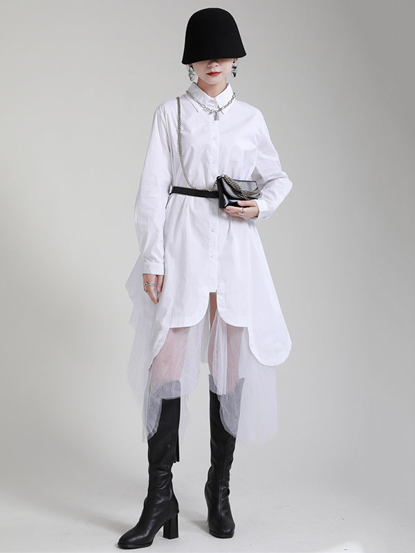 Urban Loose Split-Joint Lapel Long Sleeves Midi Dress