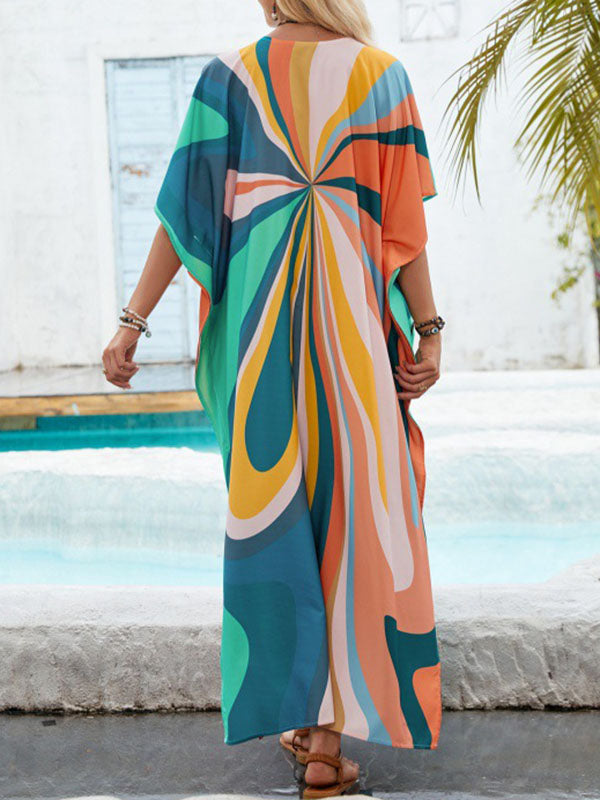 Batwing Sleeves Loose Printed Split-Joint Split-Side V-Neck Maxi Dresses