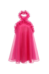 Floating Ruffle Halter Neck A-Line Organza Backless Babydoll Mini Dress