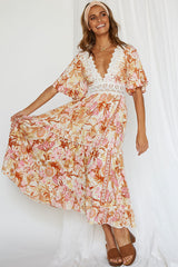 Floral Half Sleeve Lace Panel V Neck Maxi Beach Vacation Dress - Floral