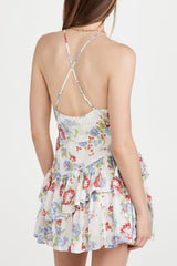 Floral Print Tiered Ruffle V Neck Slip Mini Sundress - White