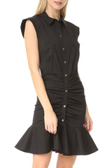 Flowy Fishtail Button Up Sleeveless Ruched Shirt Mini Dress - Black