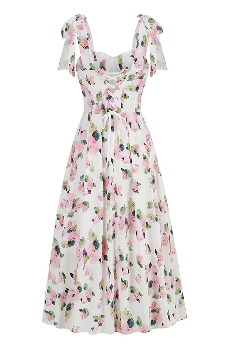 Flowy Floral Tie Strap Sweetheart Bustier Lace Up Fit & Flare Midi Sundress