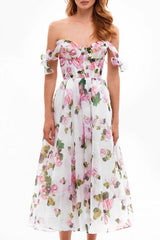 Flowy Floral Tie Strap Sweetheart Bustier Lace Up Fit & Flare Midi Sundress