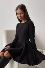 Flowy French Style Crew Neck Long Sleeve Fit and Flare Sweater Mini Dress - Black