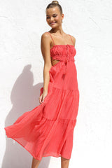 Flowy Frilled Tie Neck Cutout Ruched Flared Summer Midi Sundress - Watermelon