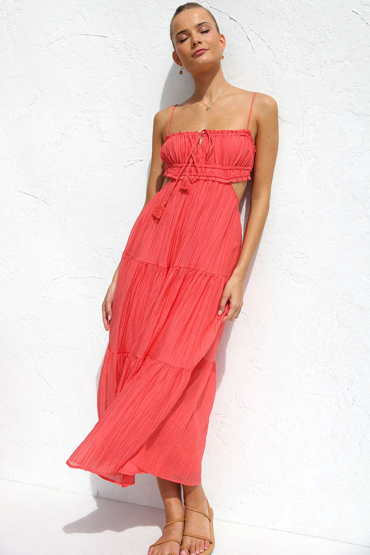 Flowy Frilled Tie Neck Cutout Ruched Flared Summer Midi Sundress - Watermelon