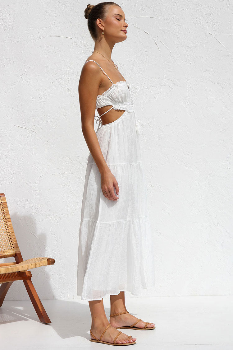 Flowy Frilled Tie Neck Cutout Ruched Flared Summer Midi Sundress - White