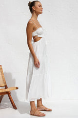 Flowy Frilled Tie Neck Cutout Ruched Flared Summer Midi Sundress - White